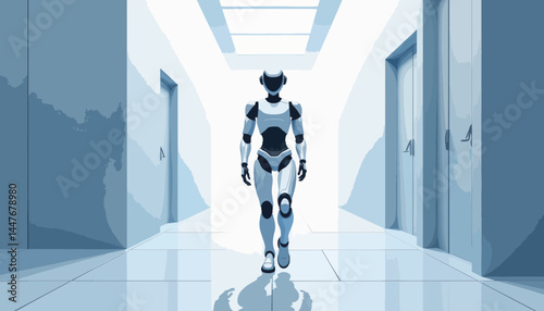 Robotic assistant walking in futuristic hallway, technological innovation
