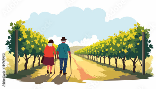 Elderly couple enjoying stroll in vineyard, serene companionship