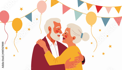 Elderly couple hugging at festive party, love and celebration
