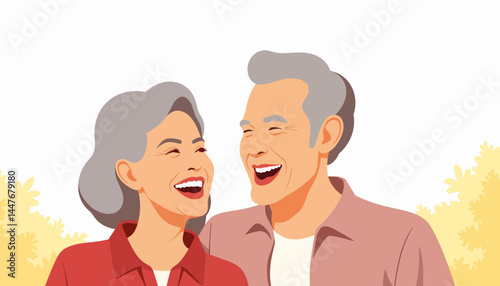 Elderly couple laughing together in sunny outdoors, joy of companionship
