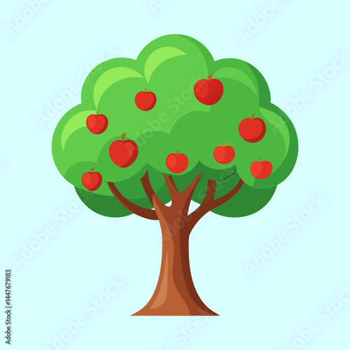 Cartoon apple tree with red fruits on a light blue background