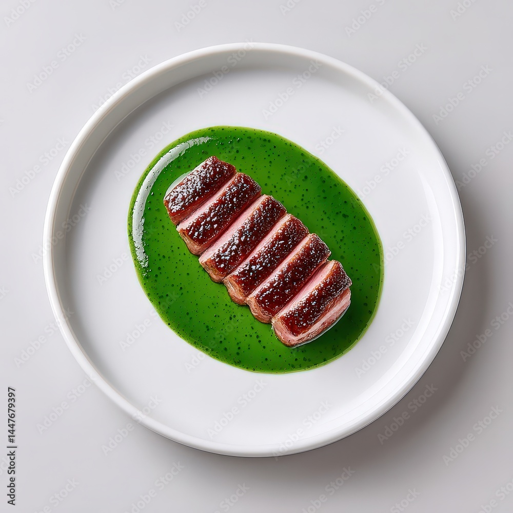 Tea-smoked duck, artistic fine dining plate, pure white setup