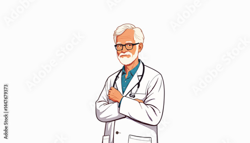 Elderly doctor smiling confidently in minimalist design, healthcare concept