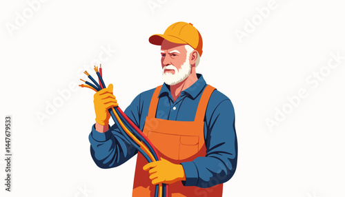 Elderly electrician handling colorful wires, professional craftsmanship