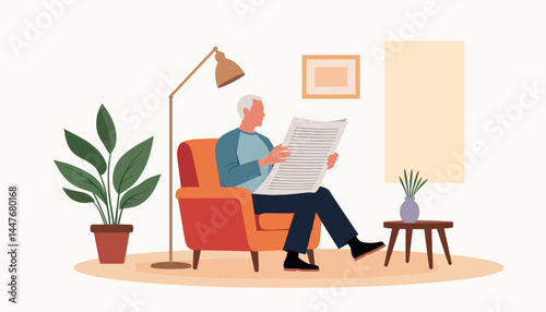 Senior man reading newspaper in cozy living room, leisure time
