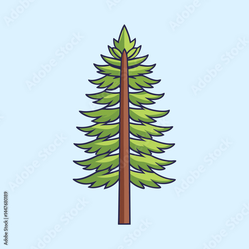 Cartoon illustration of a tall coniferous tree with a light blue background