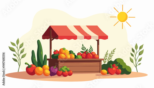 Vibrant market stall with fresh fruits and vegetables, summer commerce
