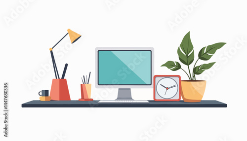Stylish minimalist desk setup with plants and accessories, productivity