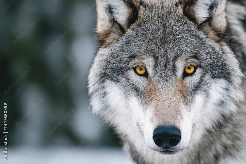 Close-up of a majestic gray wolf with striking yellow eyes, showcasing its thick fur and intense gaze, set against a blurred natural background, embodying wild beauty and strength Close-up of a majestic gray wolf with striking yellow eyes, showcasing its thick fur and intense gaze, set against a blurred natural background, embodying wild beauty and strength