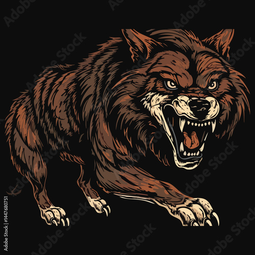 A fierce and aggressive illustration of a snarling wolf with sharp fangs and intense eyes. The artwork emphasizes the animal's wild and predatory nature with detailed fur and a threatening posture, se