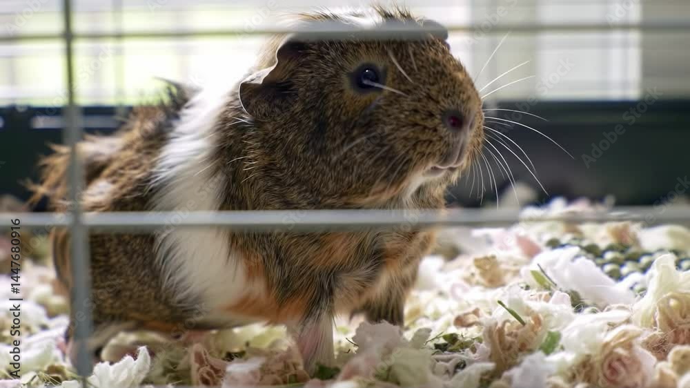 Guinea pig explores cozy cage filled with soft bedding and chew toys