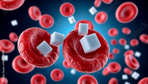 Red blood cells surrounded by sugar cubes symbolizing diabetes photo