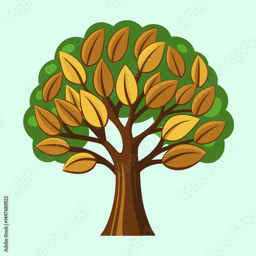 Stylized Autumnal Tree with Golden Leaves and Green Foliage Cartoon Illustration