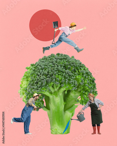 Fotografie Three farmers carefully growing giant broccoli, watering against peach color background