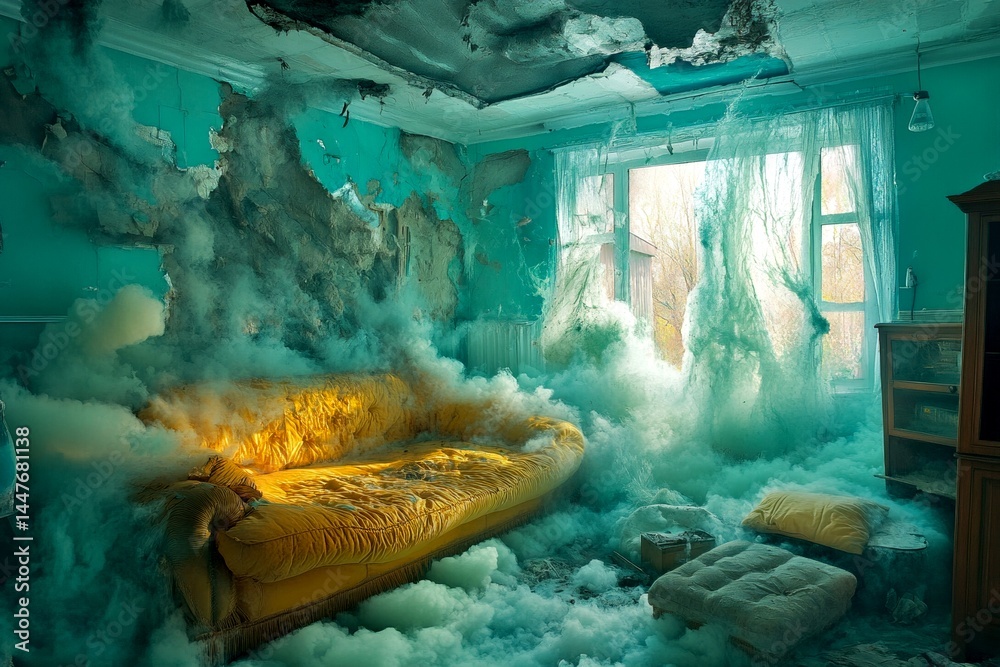 Natural disasters - nightmares, bad dreams: abstract image of well-being. Panic in sleep. Panic-induced dreams. Fear of sleeping. Metaphorical natural disasters awareness of fear and despair.
