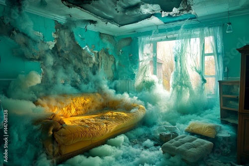 Obraz na płótnie Natural disasters - nightmares, bad dreams: abstract image of well-being. Panic in sleep. Panic-induced dreams. Fear of sleeping. Metaphorical natural disasters awareness of fear and despair. w salonie