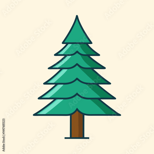 Stylized evergreen tree with brown trunk and green needles on cream backdrop