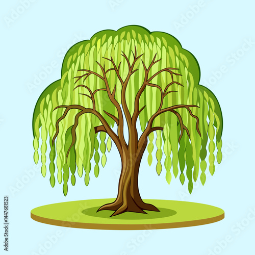Illustration of a beautiful cartoon weeping willow tree on a green hill