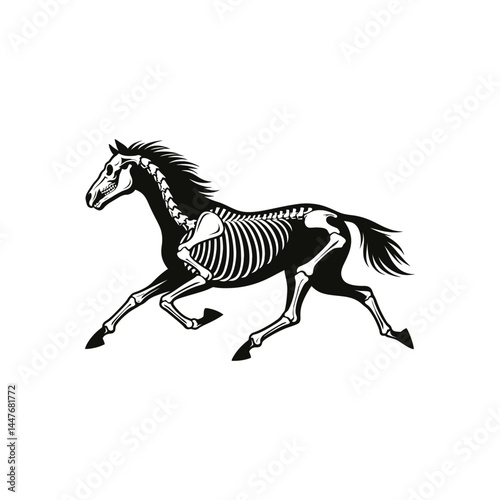 Dynamic Silhouette Vector Illustration of a Running Horse Skeleton