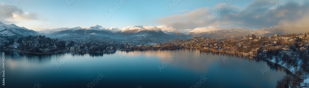 Serene Lakeside Panorama: Snow-Capped Mountains Reflecting on Calm Waters Serene Lakeside Panorama: Snow-Capped Mountains Reflecting on Calm Waters