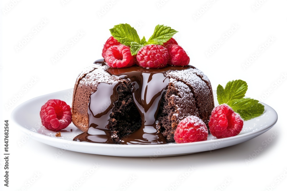 Decadent chocolate cake with raspberries and mint garnish on a white plate, perfect for dessert lovers Decadent chocolate cake with raspberries and mint garnish on a white plate, perfect for dessert lovers