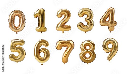 gold foil Balloon Numbers 0-9 Isolated on Transparent Background