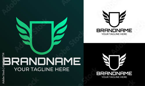 Modern winged shield logo design template for sports team tech company or secure brand identity