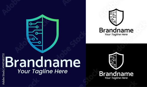 Tech circuit shield logo design template for cybersecurity company software brand or digital protection service