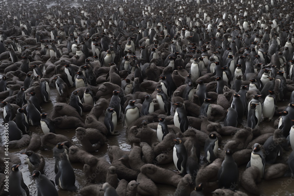 Obraz premium Dense colony of penguins and seals huddled together on a beach. The dark colored animals are tightly packed, creating a textured surface. The scene is overcast, with muted lighting