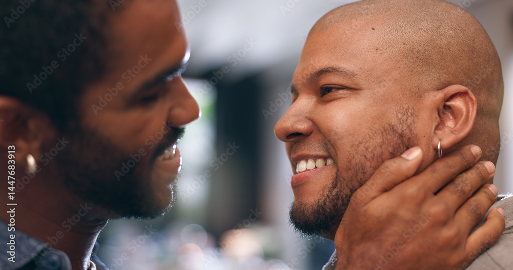 Fototapeta premium Gay couple, romance and smile in home with happiness for love and flirting in living room. Dating, touch and LGBTQ partner with conversation, trust and relax together for weekend support in lounge
