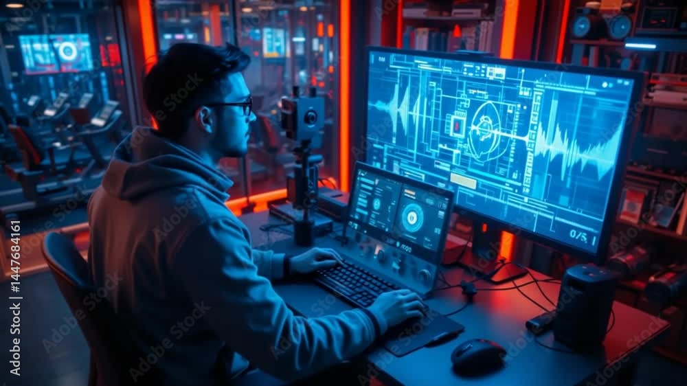 Man Analyzing Complex Data on Multiple Screens in a Modern Tech Environment Man Analyzing Complex Data on Multiple Screens in a Modern Tech Environment