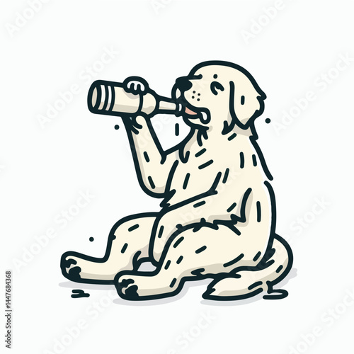 Dog Drinking from Bottle: A cartoon illustration depicts a playful dog indulging in a refreshing drink from a bottle, showcasing a quirky and fun scene.