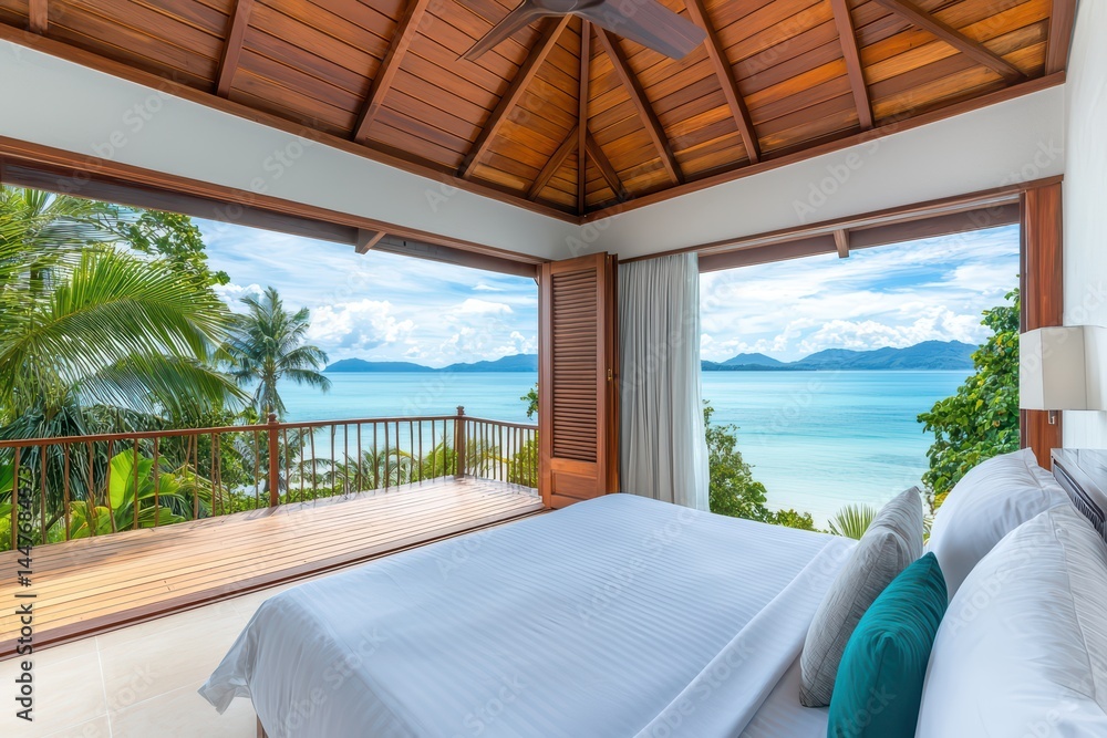 Fototapeta premium Serene coastal bedroom with panoramic view of tropical landscape and ocean under blue sky