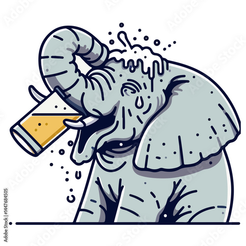 Elephant Beer Celebration: An elephant, with a mischievous grin, enjoys a refreshing beer, creating a humorous and light-hearted illustration of an unexpected animal celebration.  