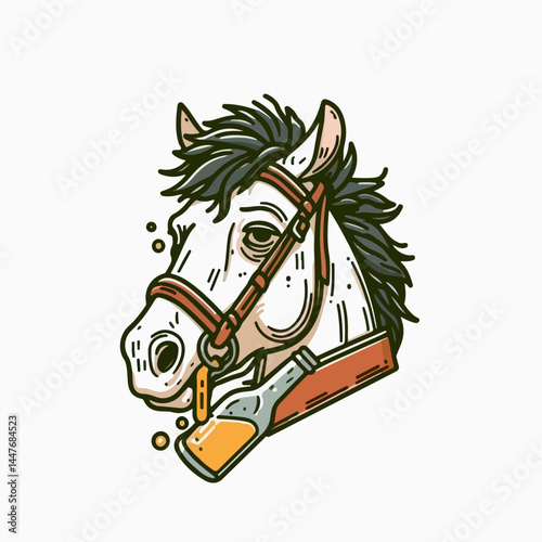 Horse Illustration with Drink: This illustration features the head of a horse. The horse is depicted with a bridle, while the horse is seen with a drink. 