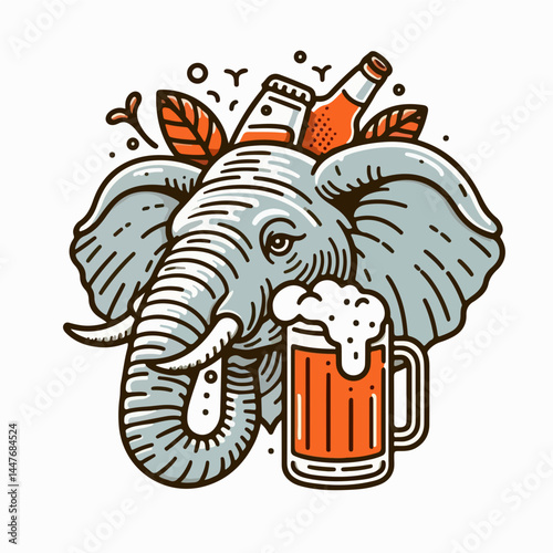 Elephant's Brew: A vibrant illustration of an elephant adorned with beer bottles and a frothy mug, celebrating the lighter side of life. 