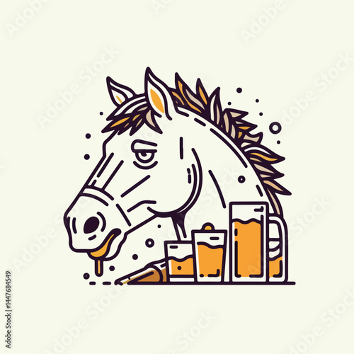 A Horse's Brew: A whimsical illustration depicts a horse in a comical state, perhaps contemplating the aftermath of a brew, with stylized beer glasses nearby. 
