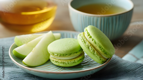 Minimalist dessert plating with macaron, lighting enhancing its charm