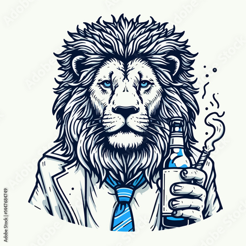 Lion in Style: A distinguished lion in a tailored suit, enjoying a beer and cigar, showcases an air of sophistication and urban flair.
