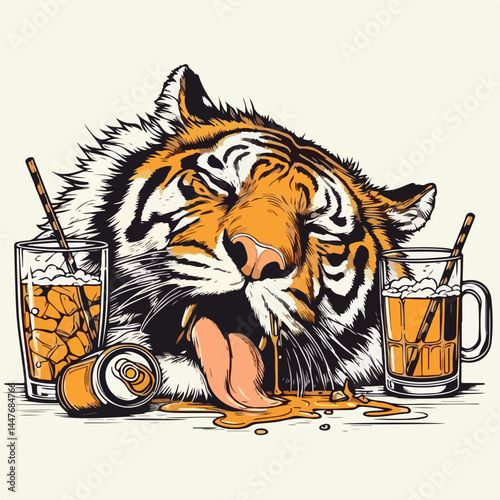Tiger's Refreshment: A vibrant illustration of a tiger reveling in the moment, with its tongue lolling out, surrounded by refreshing beverages.