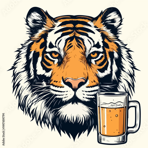 Tiger with a Mug of Ale: A captivating illustration showcases a majestic tiger alongside a refreshing mug of ale, merging the realms of nature and leisure