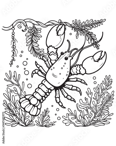 Coloring book lobster swimming amongst seaweed and bubbles. A cheerful underwater crustacean
