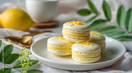 Minimalist dessert plating with macaron, lighting enhancing its charm