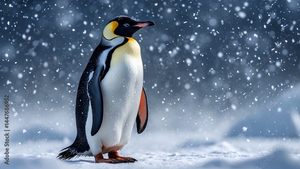 Fototapeta premium Solitary emperor penguin in serene snowy landscape
