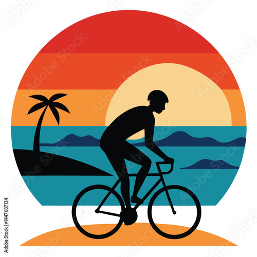 Cyclist on a beach at sunset isolated on white background vector illustration