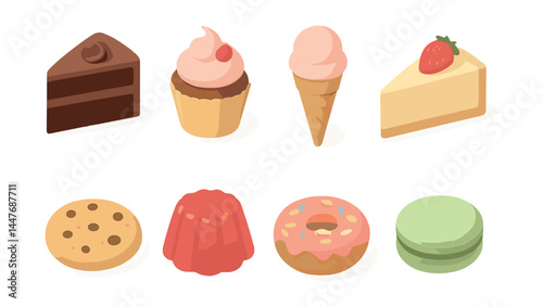 Dessert icons set – cake, cupcake, ice cream, cheesecake, cookie, gelatin, donut, macaron