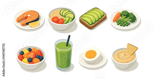 Healthy meal icons set – salmon, salad, avocado, smoothie, egg, fruits, vegetables, hummus