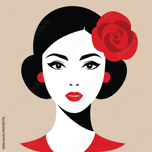 Elegant woman face with red rose hairpiece fashion portrait  vector illustration