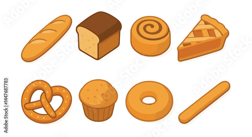 Isometric baked goods icons set – bread, cake, roll, pie, pretzel, muffin, donut, stick