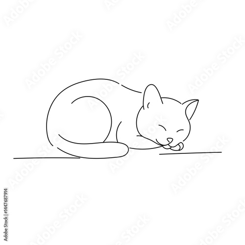 Minimalist line art of a sleeping cat curled up peacefully. Simple black and white outline illustration ideal for coloring books, decals, or design elements.
